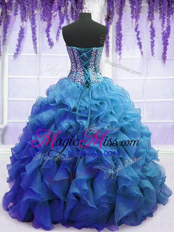 wholesale classical blue organza lace up 15th birthday dress sleeveless floor length beading and ruffles