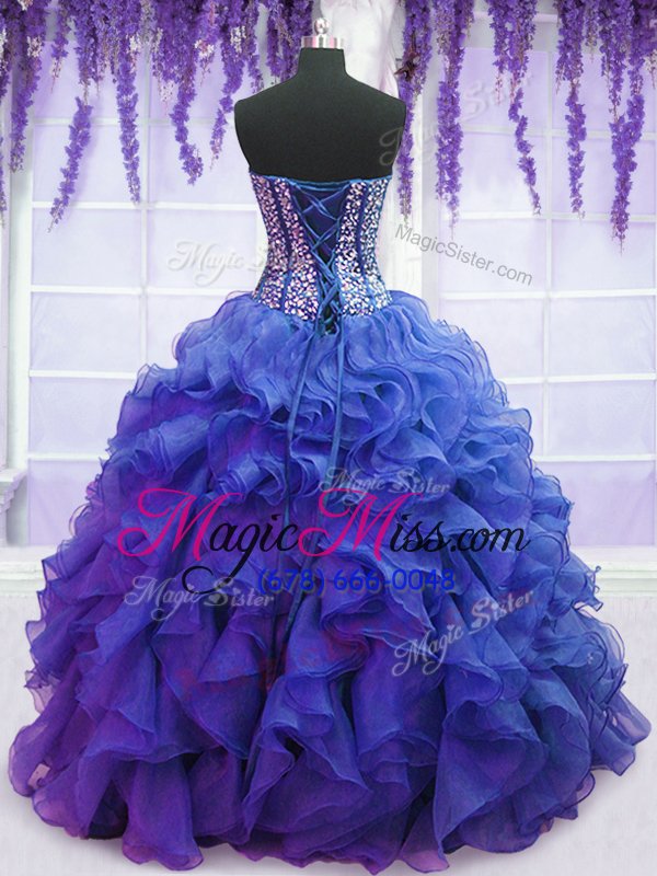 wholesale eye-catching royal blue lace up sweet 16 dresses beading and ruffles sleeveless floor length