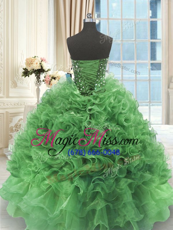 wholesale graceful green lace up sweetheart beading and ruffles quince ball gowns organza sleeveless