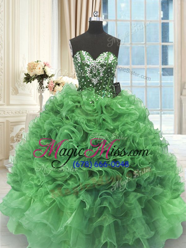 wholesale graceful green lace up sweetheart beading and ruffles quince ball gowns organza sleeveless