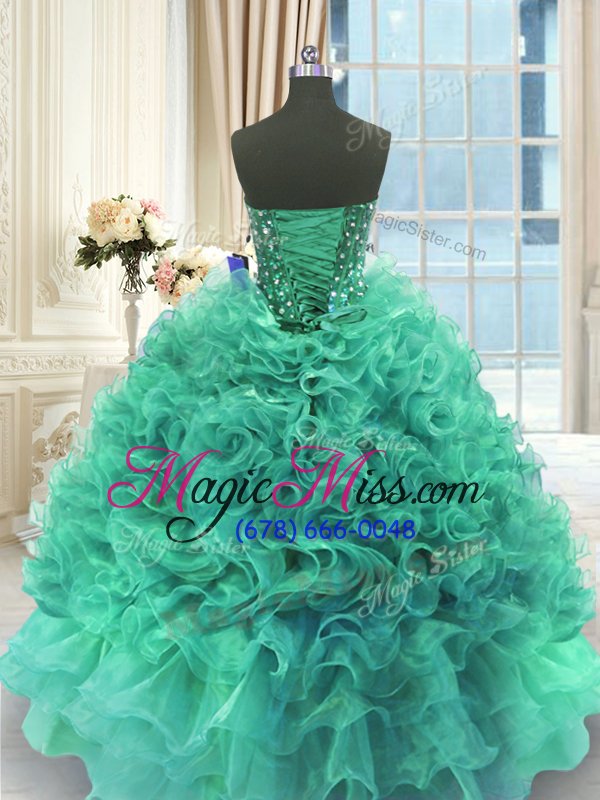 wholesale fitting sleeveless floor length beading and ruffles lace up quince ball gowns with turquoise