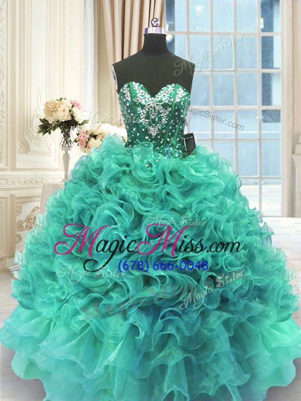 wholesale fitting sleeveless floor length beading and ruffles lace up quince ball gowns with turquoise