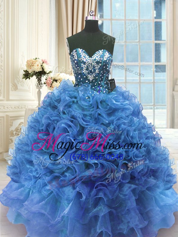 wholesale pretty blue sleeveless organza lace up 15th birthday dress for military ball and sweet 16 and quinceanera