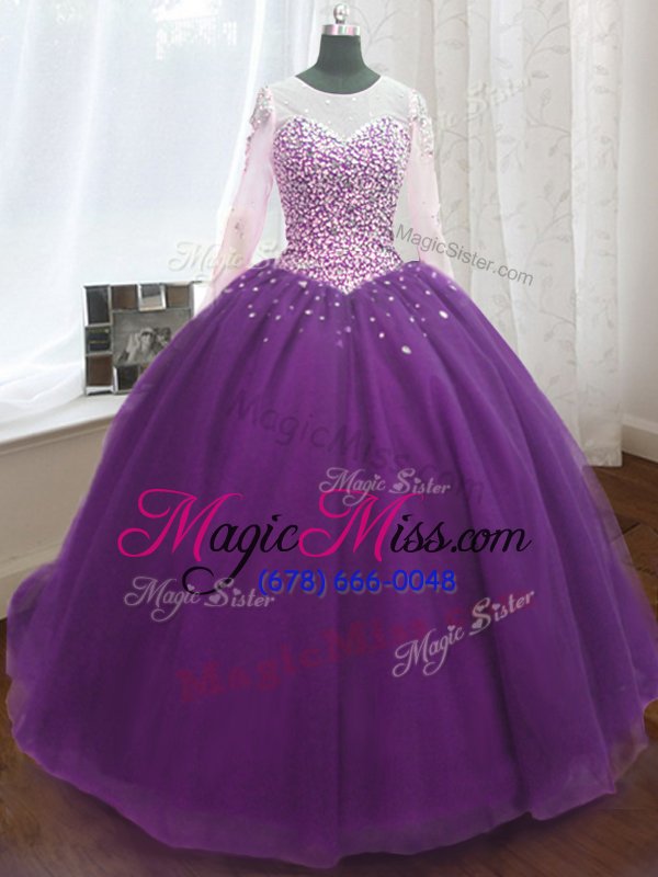 wholesale fashion scoop long sleeves beading and sequins lace up sweet 16 quinceanera dress with purple sweep train