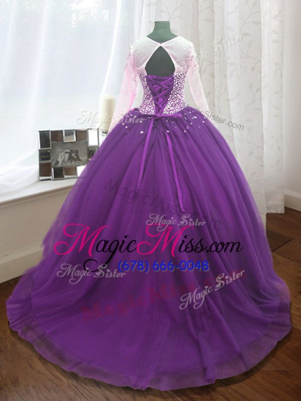 wholesale fashion scoop long sleeves beading and sequins lace up sweet 16 quinceanera dress with purple sweep train