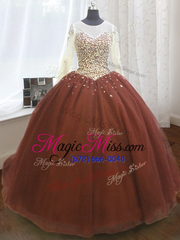 wholesale fantastic scoop brown long sleeves sweep train beading and sequins 15th birthday dress