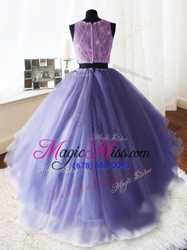 wholesale fantastic brush train ball gowns quinceanera gown lavender scoop organza and tulle and lace sleeveless with train zipper