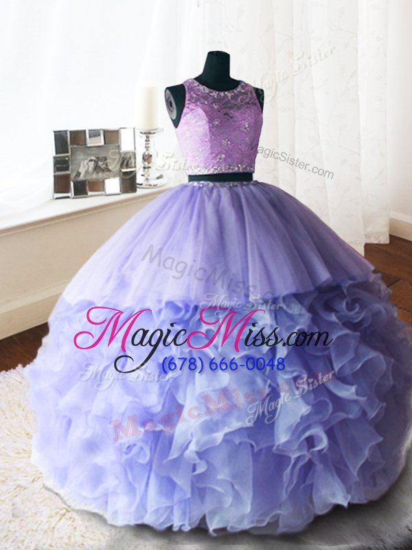 wholesale fantastic brush train ball gowns quinceanera gown lavender scoop organza and tulle and lace sleeveless with train zipper