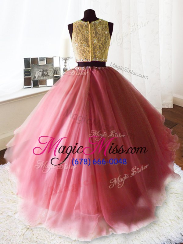 wholesale trendy scoop sleeveless brush train zipper sweet 16 dresses rose pink organza and tulle and lace