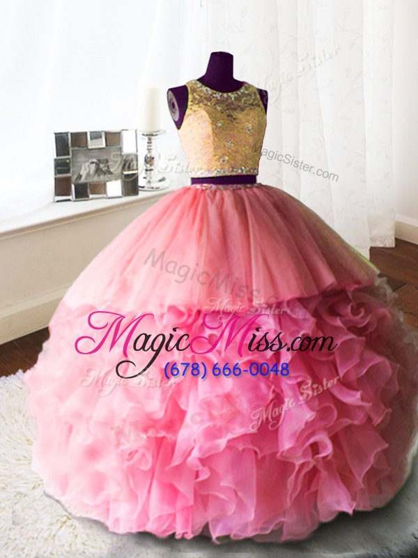 wholesale trendy scoop sleeveless brush train zipper sweet 16 dresses rose pink organza and tulle and lace