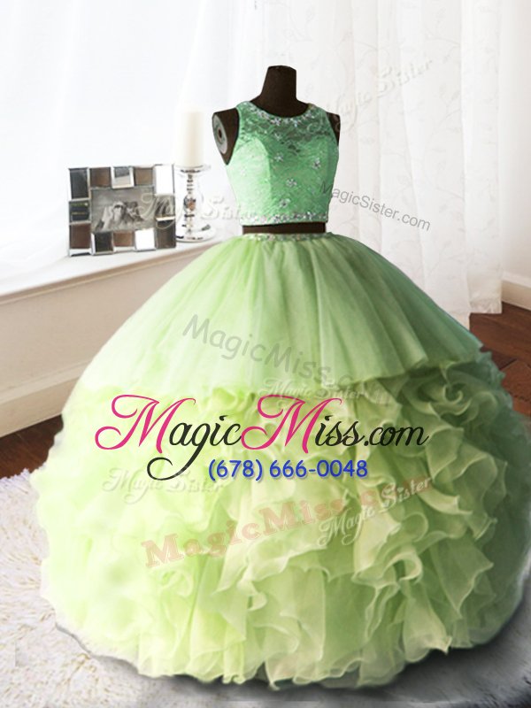 wholesale custom design scoop with train zipper quince ball gowns yellow green and in for military ball and sweet 16 and quinceanera with beading and lace and ruffles brush train