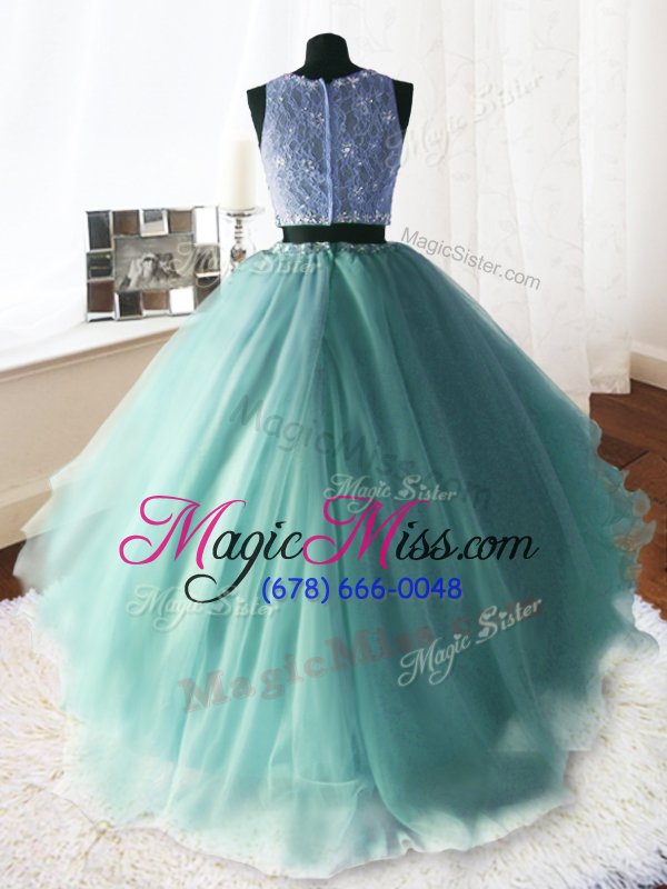 wholesale scoop sleeveless with train beading and lace and ruffles zipper quinceanera dresses with apple green brush train