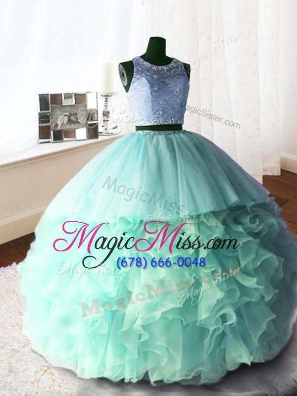 wholesale scoop sleeveless with train beading and lace and ruffles zipper quinceanera dresses with apple green brush train