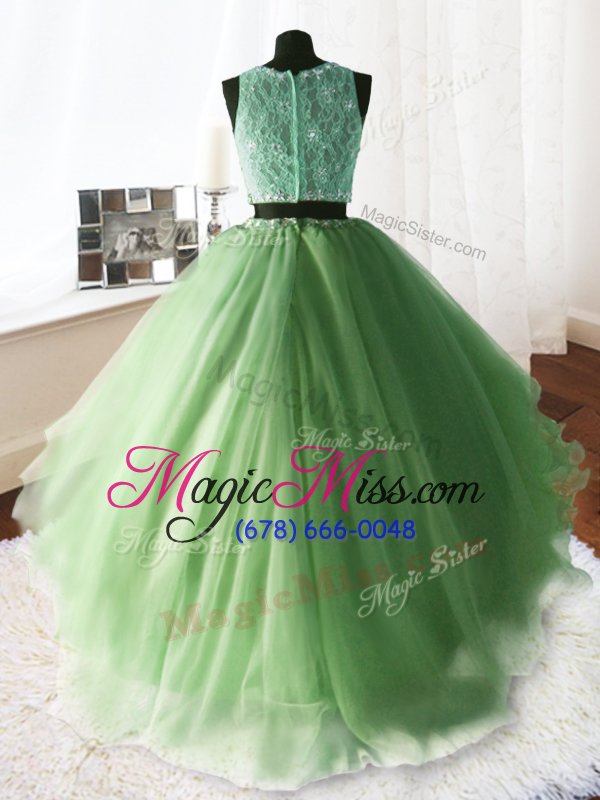 wholesale beautiful three piece scoop yellow green sleeveless organza and tulle and lace brush train zipper vestidos de quinceanera for military ball and sweet 16 and quinceanera