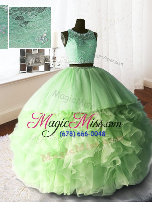 wholesale beautiful three piece scoop yellow green sleeveless organza and tulle and lace brush train zipper vestidos de quinceanera for military ball and sweet 16 and quinceanera