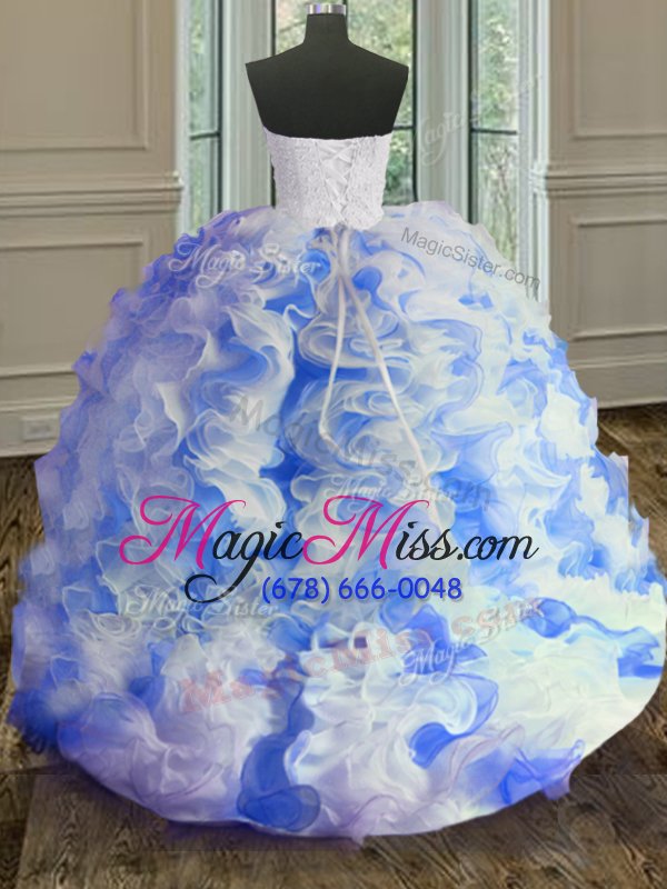 wholesale wonderful sweetheart sleeveless quinceanera dress floor length beading and ruffles white and blue organza