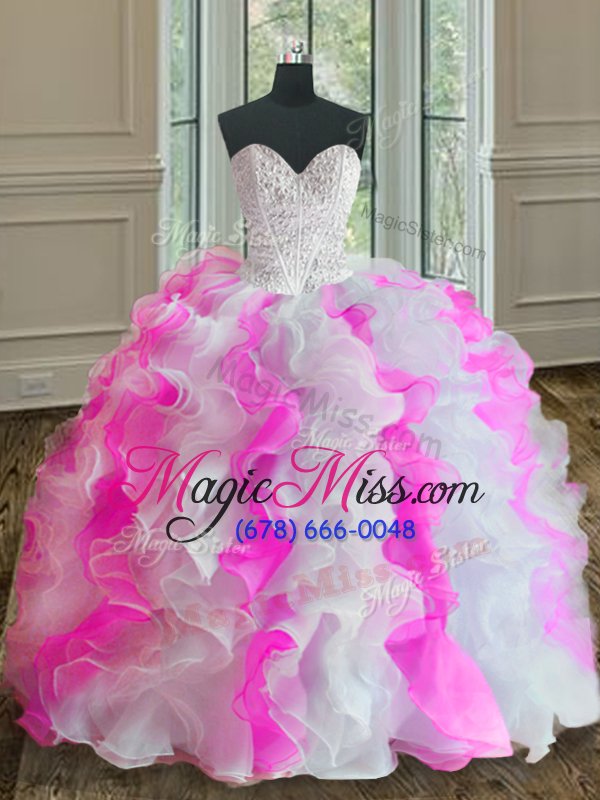 wholesale stunning organza sweetheart sleeveless lace up beading and ruffles vestidos de quinceanera in pink and white