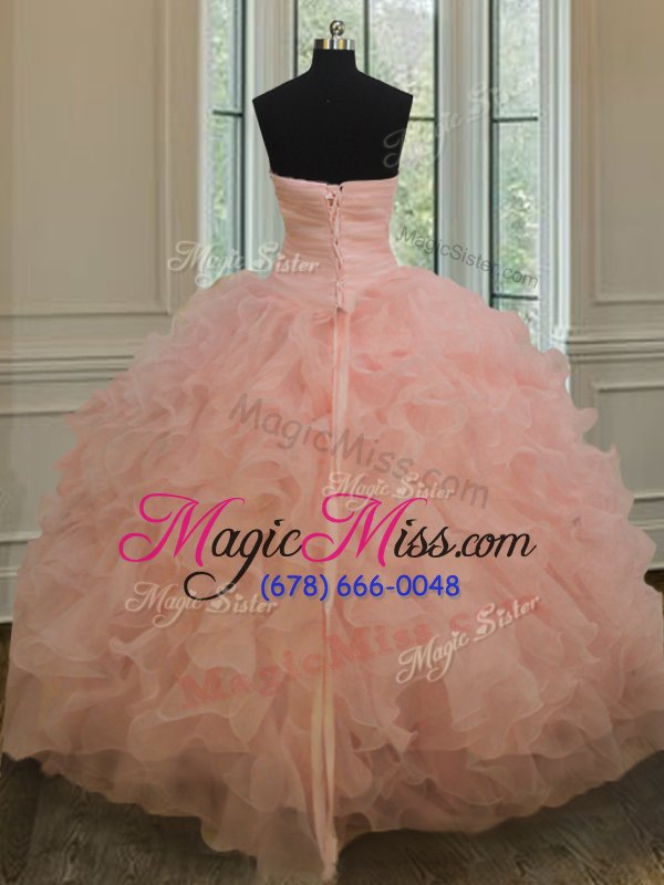 wholesale fitting peach lace up quinceanera gown beading and ruffles sleeveless floor length