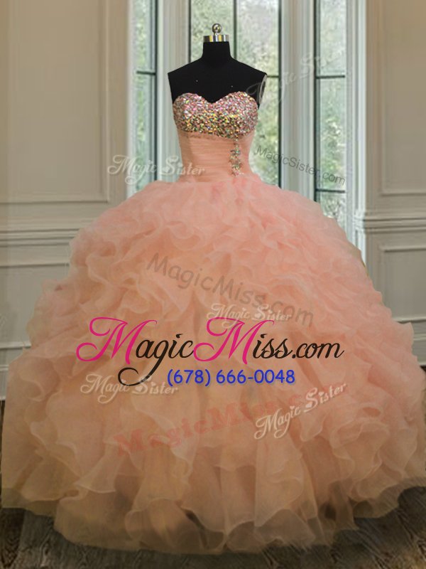 wholesale fitting peach lace up quinceanera gown beading and ruffles sleeveless floor length