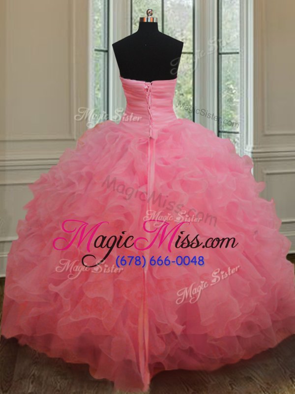 wholesale free and easy organza sweetheart sleeveless lace up beading and ruffles quinceanera gowns in rose pink