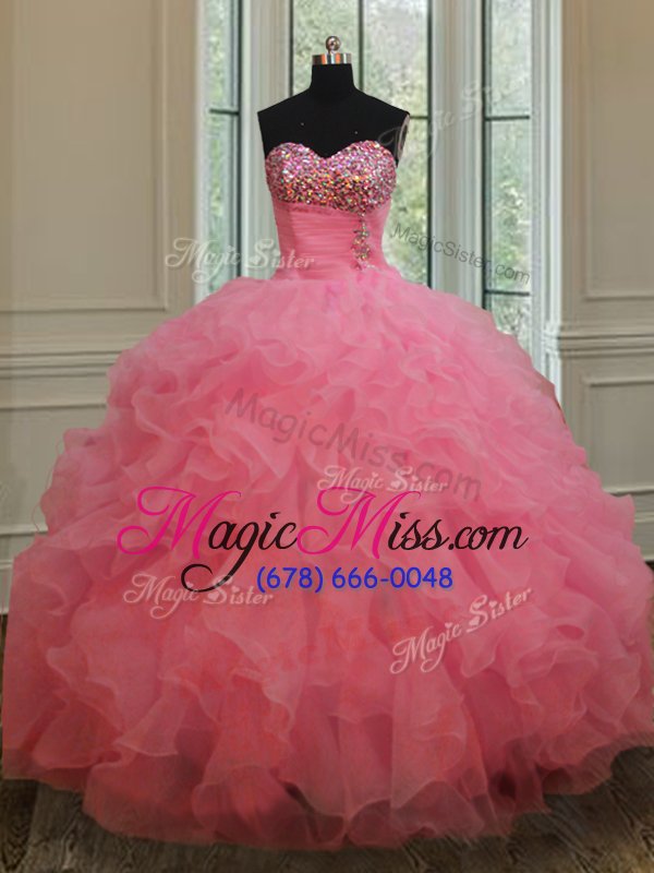 wholesale free and easy organza sweetheart sleeveless lace up beading and ruffles quinceanera gowns in rose pink