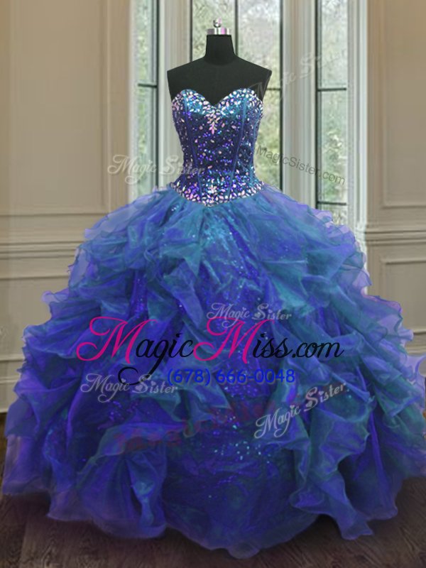 wholesale dazzling ball gowns quinceanera gowns blue sweetheart organza and sequined sleeveless floor length lace up