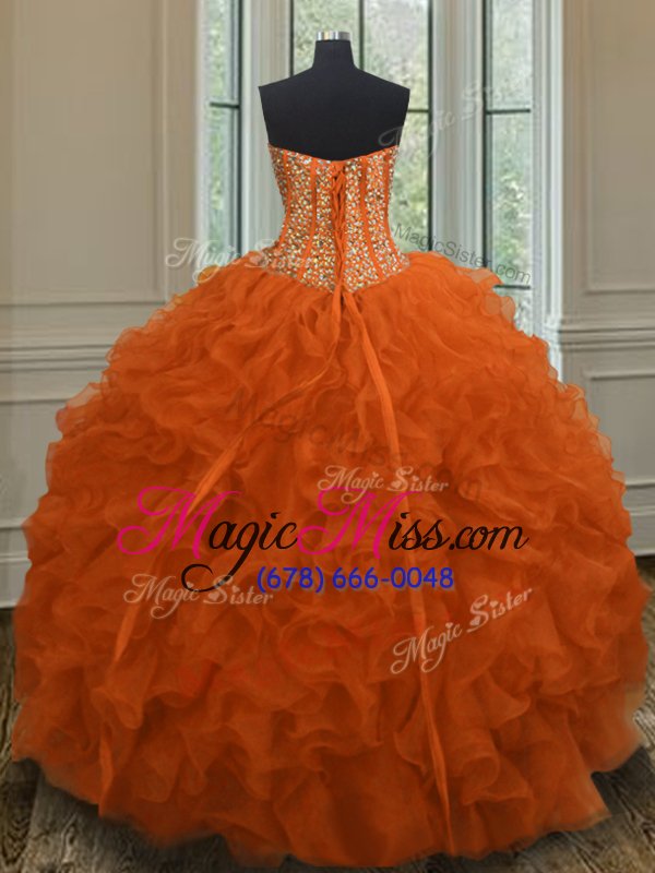 wholesale glamorous orange red sleeveless beading and ruffles floor length quinceanera dresses