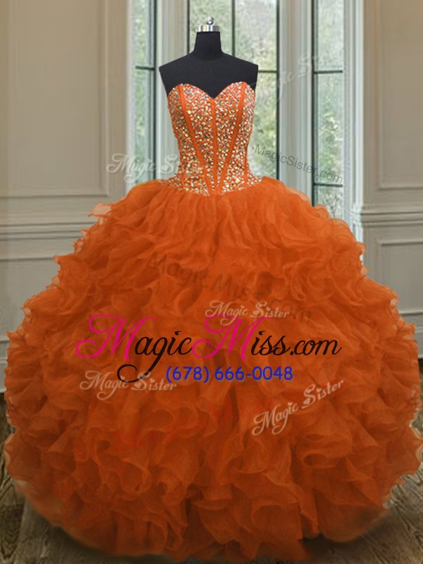 wholesale glamorous orange red sleeveless beading and ruffles floor length quinceanera dresses