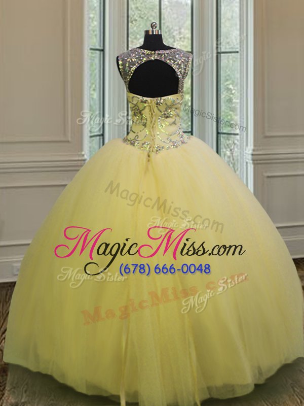 wholesale popular light yellow sweet 16 dress military ball and sweet 16 and quinceanera and for with beading and appliques scoop sleeveless backless