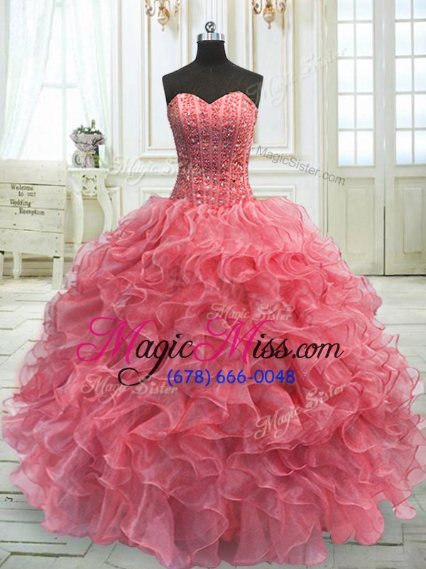 wholesale super watermelon red ball gowns beading and ruffles quinceanera gown lace up organza sleeveless floor length