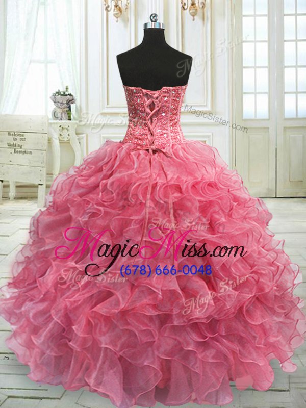 wholesale super watermelon red ball gowns beading and ruffles quinceanera gown lace up organza sleeveless floor length