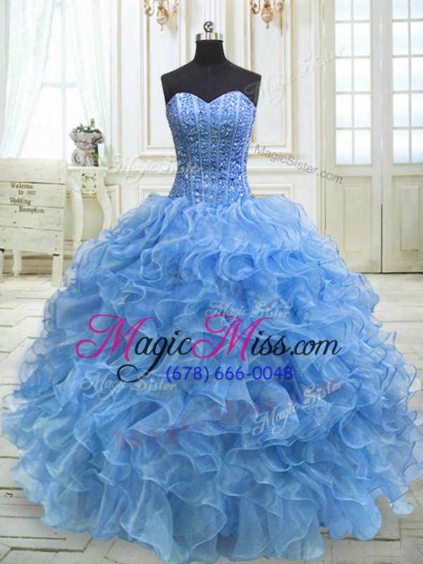 wholesale elegant baby blue ball gowns beading and ruffles quince ball gowns lace up organza sleeveless floor length