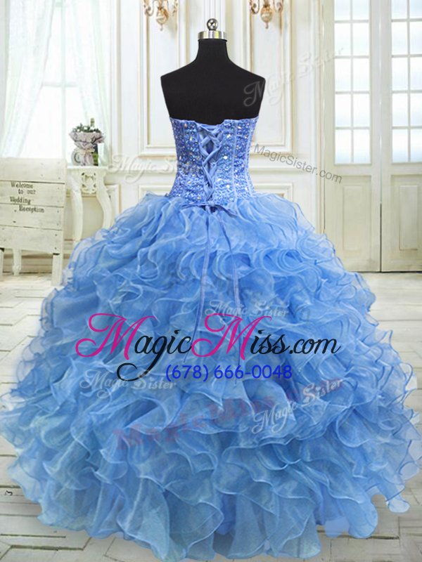 wholesale elegant baby blue ball gowns beading and ruffles quince ball gowns lace up organza sleeveless floor length