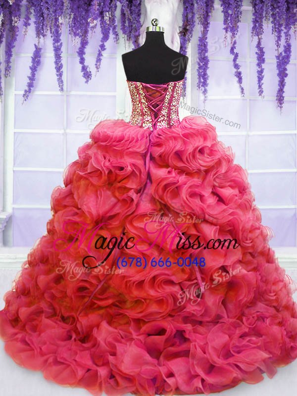 wholesale dynamic coral red sleeveless beading and ruffles lace up ball gown prom dress