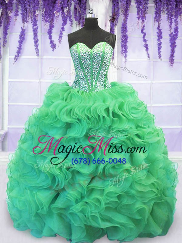 wholesale perfect turquoise lace up quinceanera gown beading and ruffles sleeveless with brush train