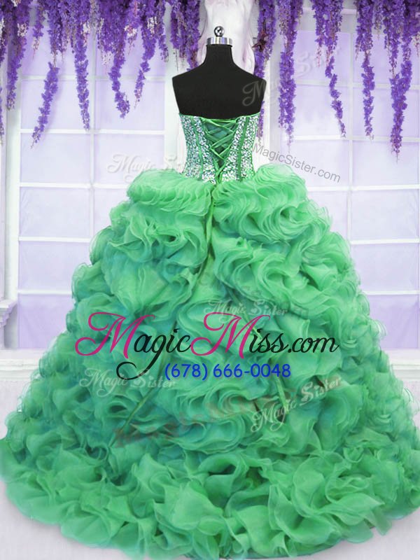 wholesale perfect turquoise lace up quinceanera gown beading and ruffles sleeveless with brush train