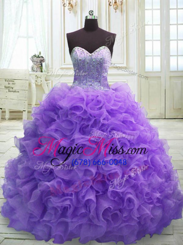 wholesale custom designed purple lace up ball gown prom dress beading and ruffles sleeveless sweep train