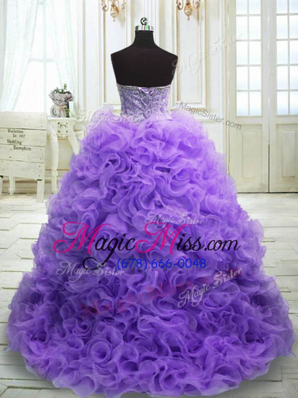 wholesale custom designed purple lace up ball gown prom dress beading and ruffles sleeveless sweep train