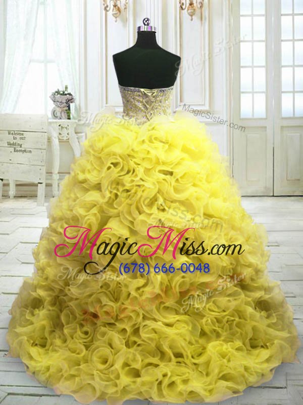 wholesale romantic sleeveless organza sweep train lace up sweet 16 dress in yellow for with beading and ruffles