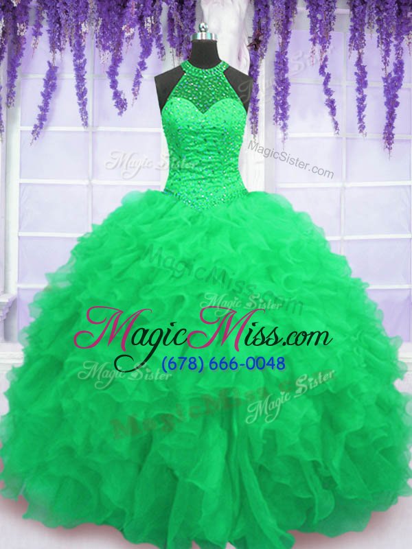 wholesale high end high-neck neckline beading and ruffles 15 quinceanera dress sleeveless lace up