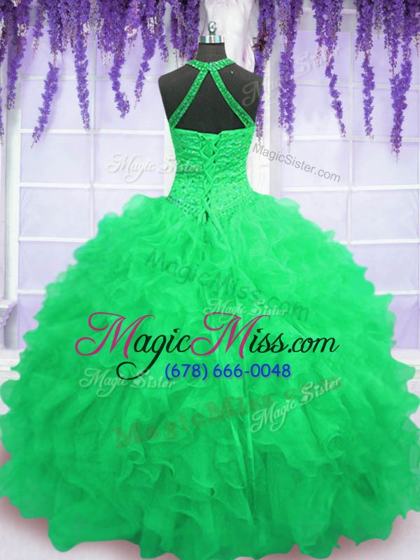 wholesale high end high-neck neckline beading and ruffles 15 quinceanera dress sleeveless lace up