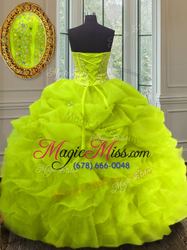 wholesale hot sale yellow green sleeveless floor length beading and ruffles and pick ups lace up quinceanera gowns