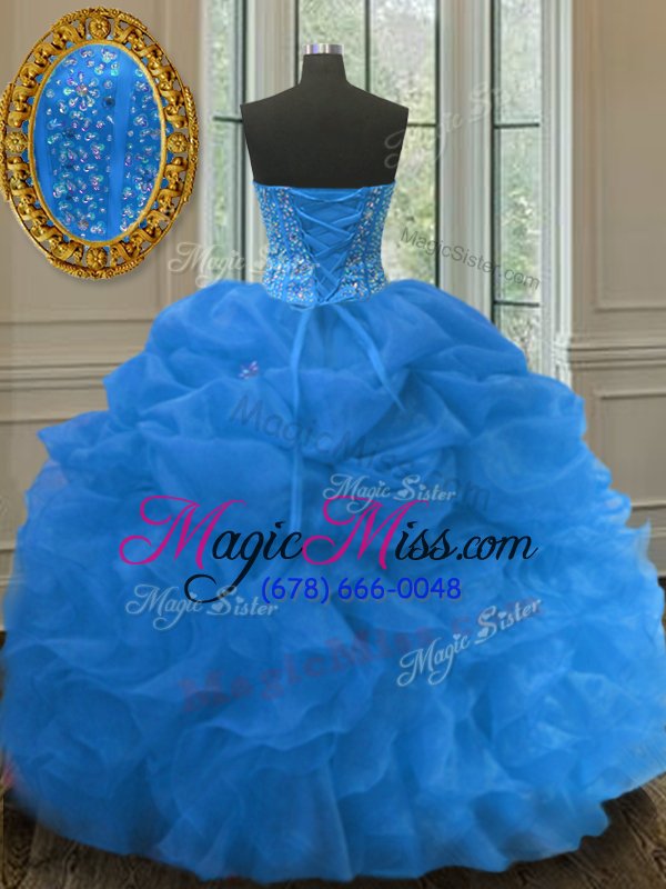 wholesale fabulous pick ups blue sleeveless organza lace up quinceanera gowns for military ball and sweet 16 and quinceanera