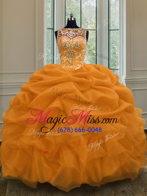 wholesale glamorous scoop sleeveless organza floor length lace up sweet 16 dress in gold for with beading and pick ups