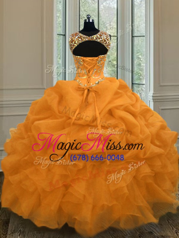 wholesale glamorous scoop sleeveless organza floor length lace up sweet 16 dress in gold for with beading and pick ups