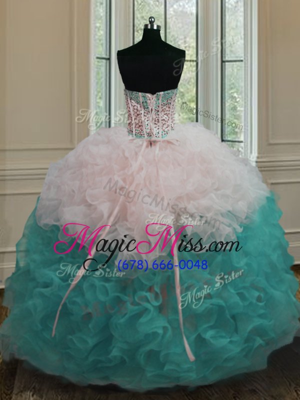 wholesale dazzling strapless sleeveless organza 15th birthday dress beading and ruffles lace up