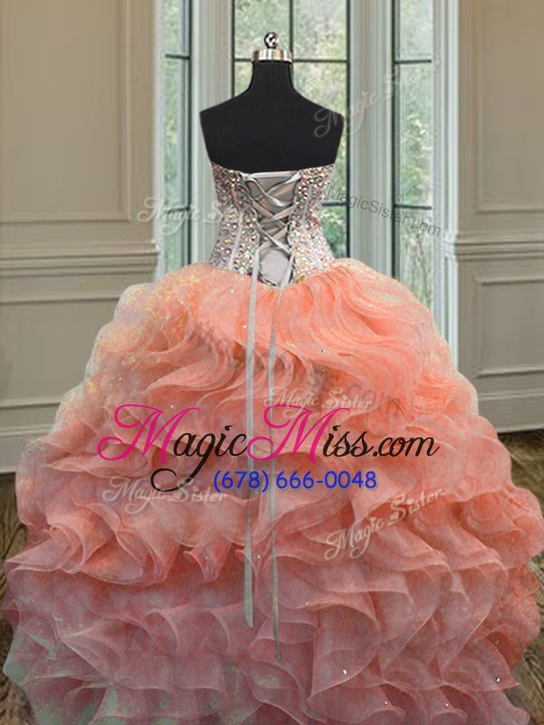 wholesale elegant beading and ruffles quinceanera gown watermelon red and peach lace up sleeveless floor length