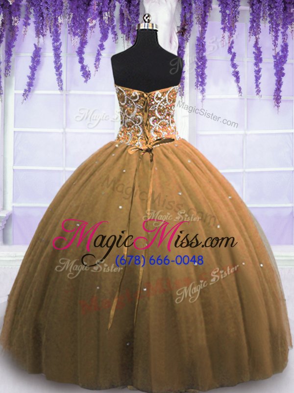 wholesale cheap brown tulle lace up sweet 16 dresses sleeveless floor length beading