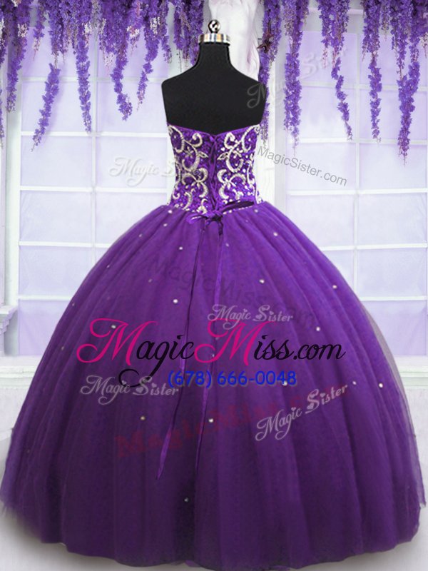 wholesale elegant sweetheart sleeveless quinceanera dresses floor length beading eggplant purple tulle