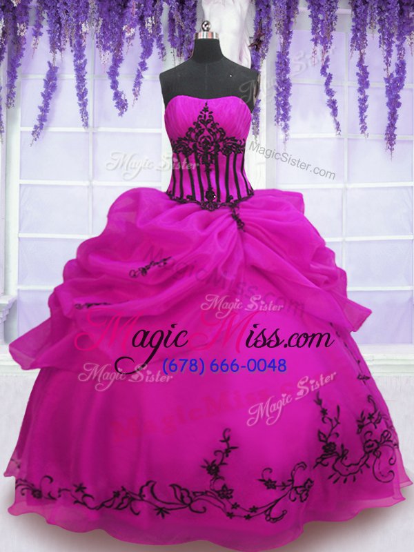 wholesale elegant fuchsia ball gowns organza strapless sleeveless embroidery and pick ups floor length lace up 15th birthday dress